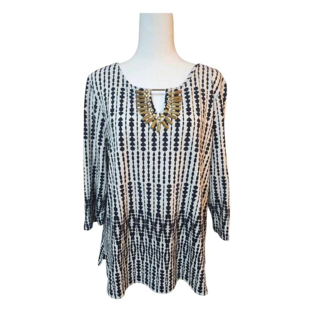 Ruby Red, Black and White Women's Top With Brass Tone Embellishment.